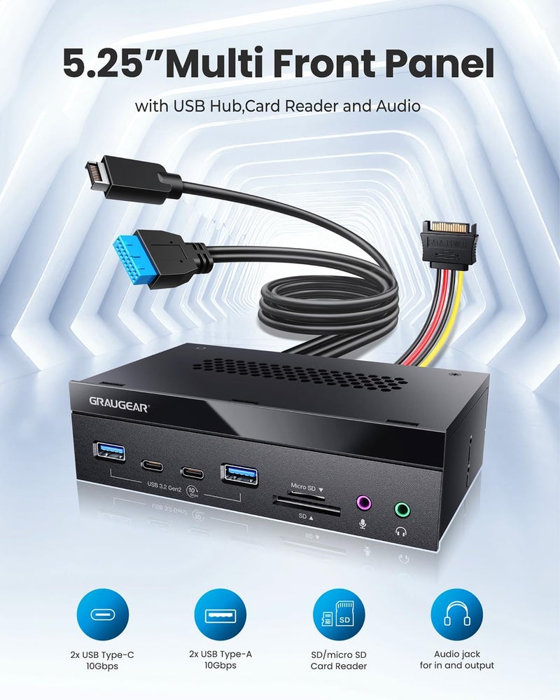 GRAUGEAR 5.25 Inch 10Gbps USB 3.2 PC Front Panel Card Reader with Audio Ports, SD/microSD Internal Card Reader, USB3.2 Type-E Key-A 20-Pin Header & USB3.0 Header & 15-Pin SATA Power Connector Required - Image 4